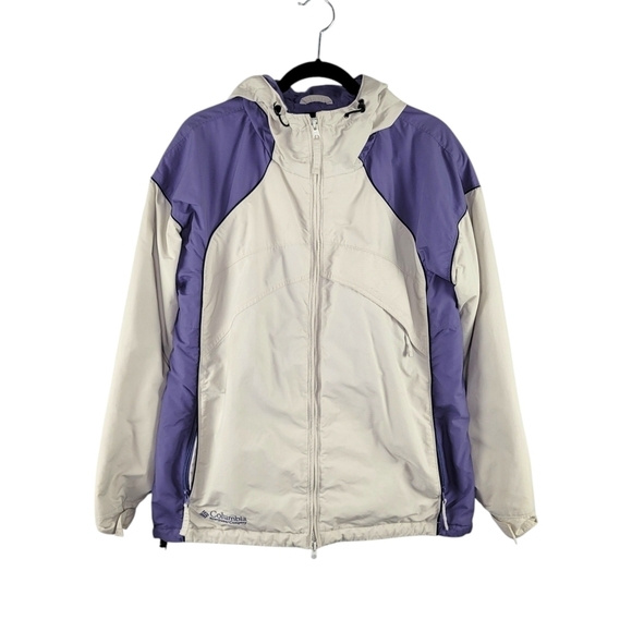 Columbia Women's Size L Hooded Midweight Full-Zip Rain Jacket Purple & Off White - Picture 1 of 12